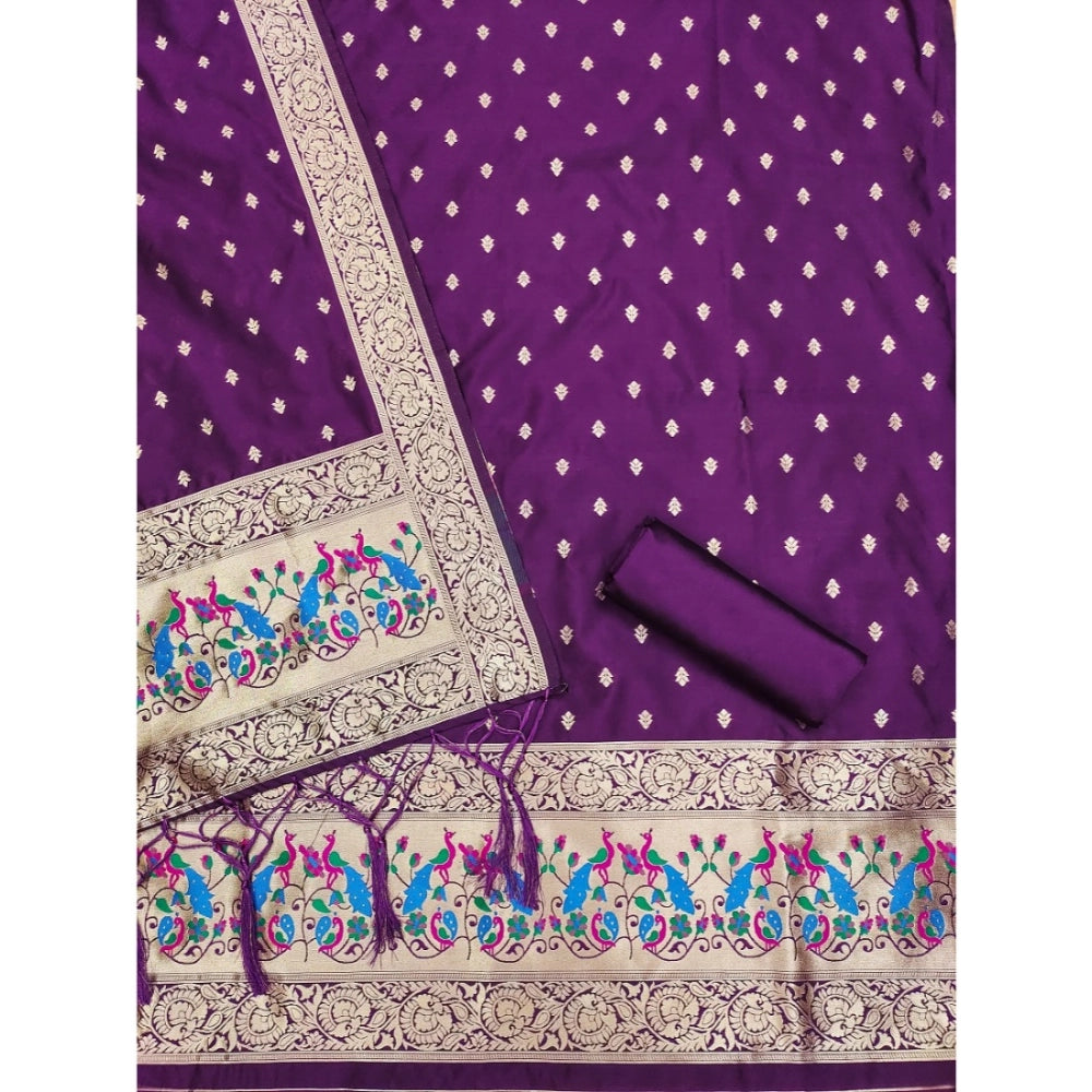 Women's Banarasi Silk Printed Unstitched Salwar Suit Material With Dupatta (Purple, 3Mtrs) - VANSHELLE