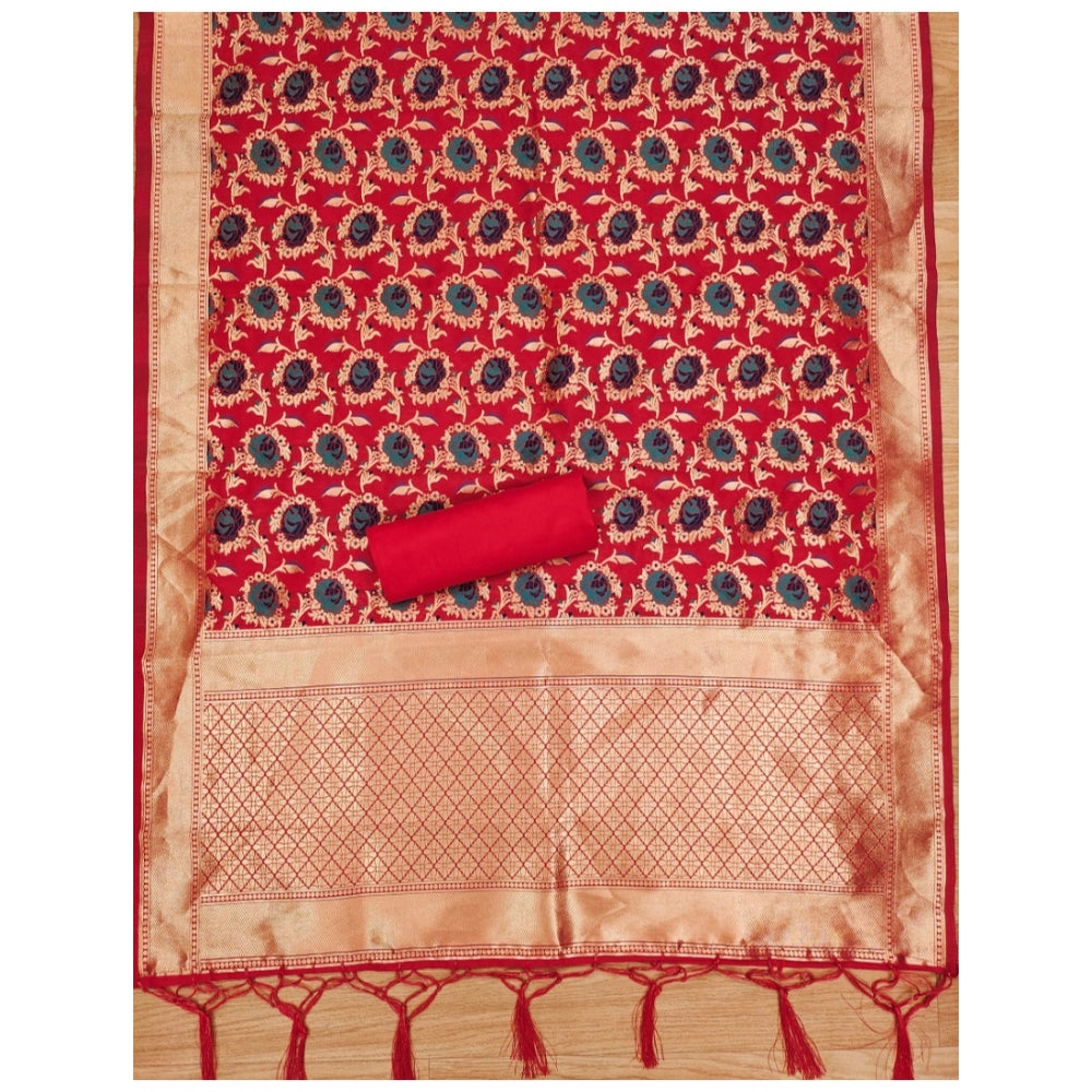 Women's Banarasi Silk Printed Unstitched Salwar Suit Material With Dupatta (Red, 3Mtrs) - VANSHELLE