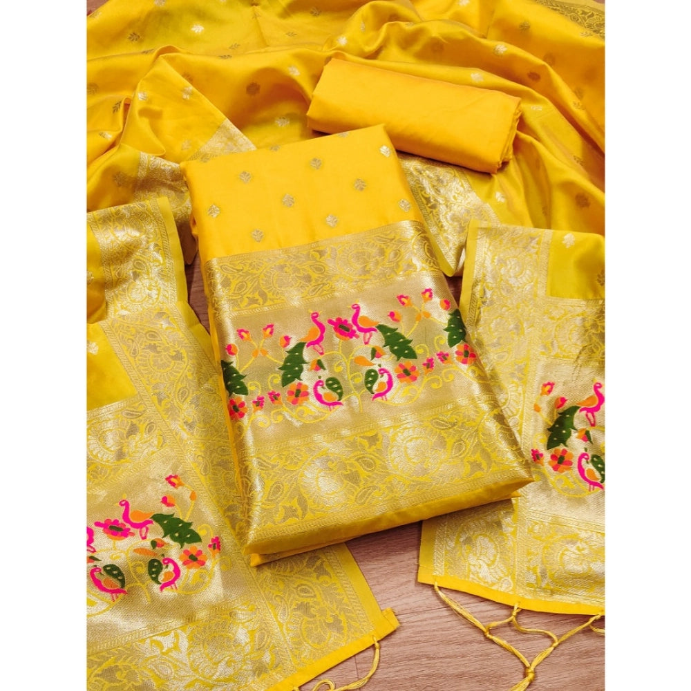 Women's Banarasi Silk Printed Unstitched Salwar Suit Material With Dupatta (Yellow, 3Mtrs) - VANSHELLE