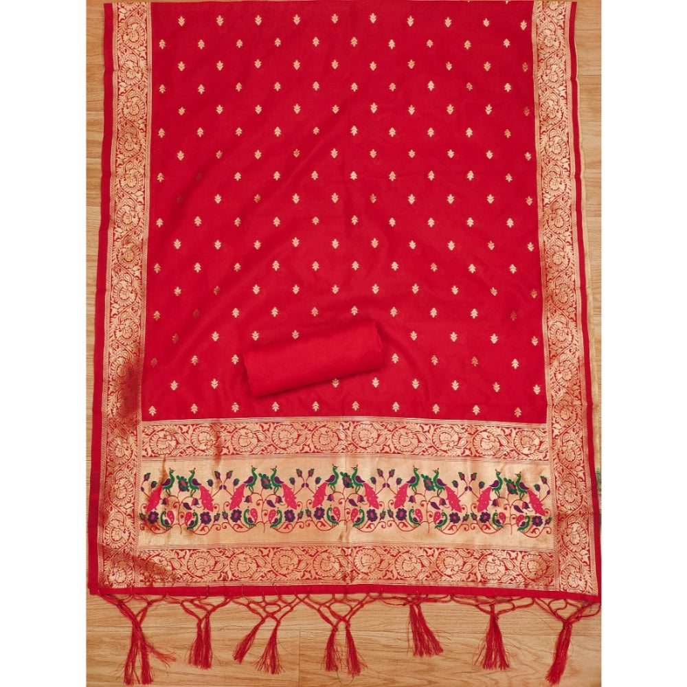 Women's Banarasi Silk Printed Unstitched Salwar Suit Material With Dupatta (Red, 3Mtrs) - VANSHELLE