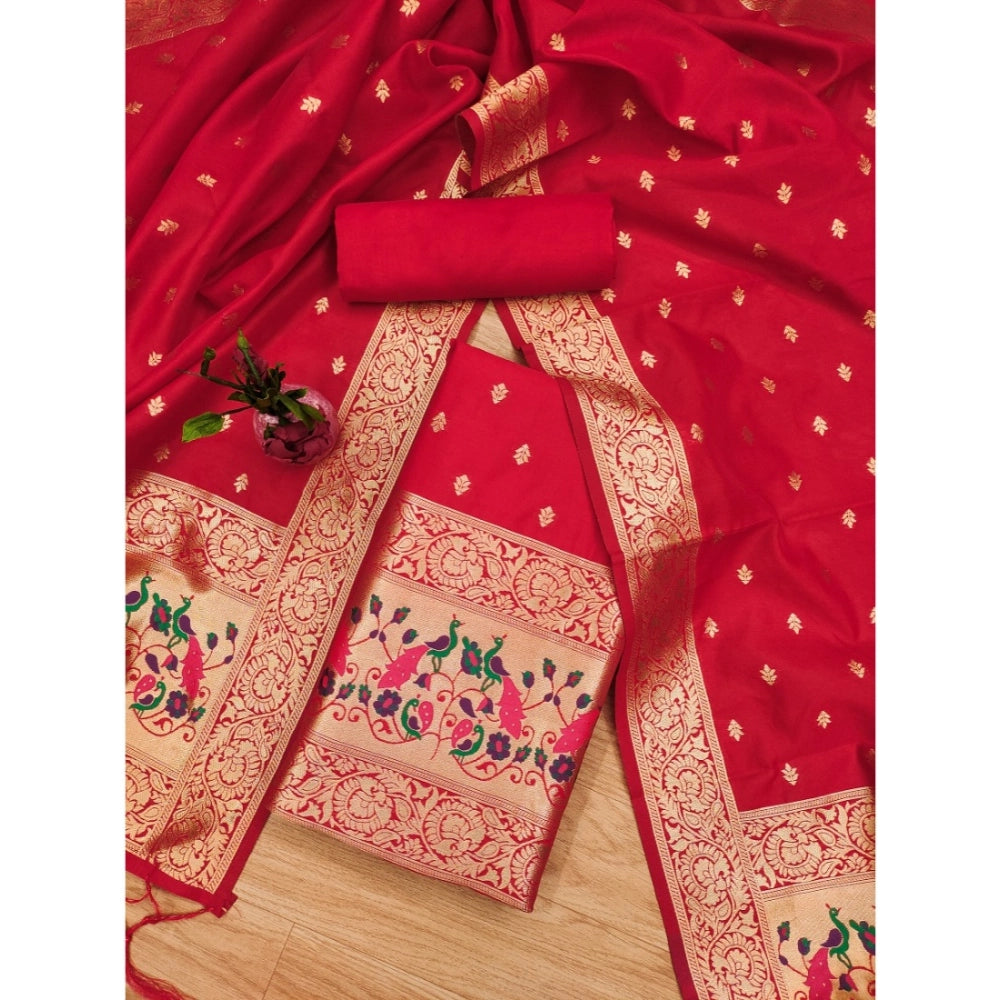 Women's Banarasi Silk Printed Unstitched Salwar Suit Material With Dupatta (Red, 3Mtrs) - VANSHELLE