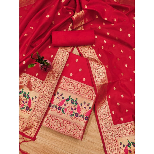 Women's Banarasi Silk Printed Unstitched Salwar Suit Material With Dupatta (Red, 3Mtrs) - VANSHELLE
