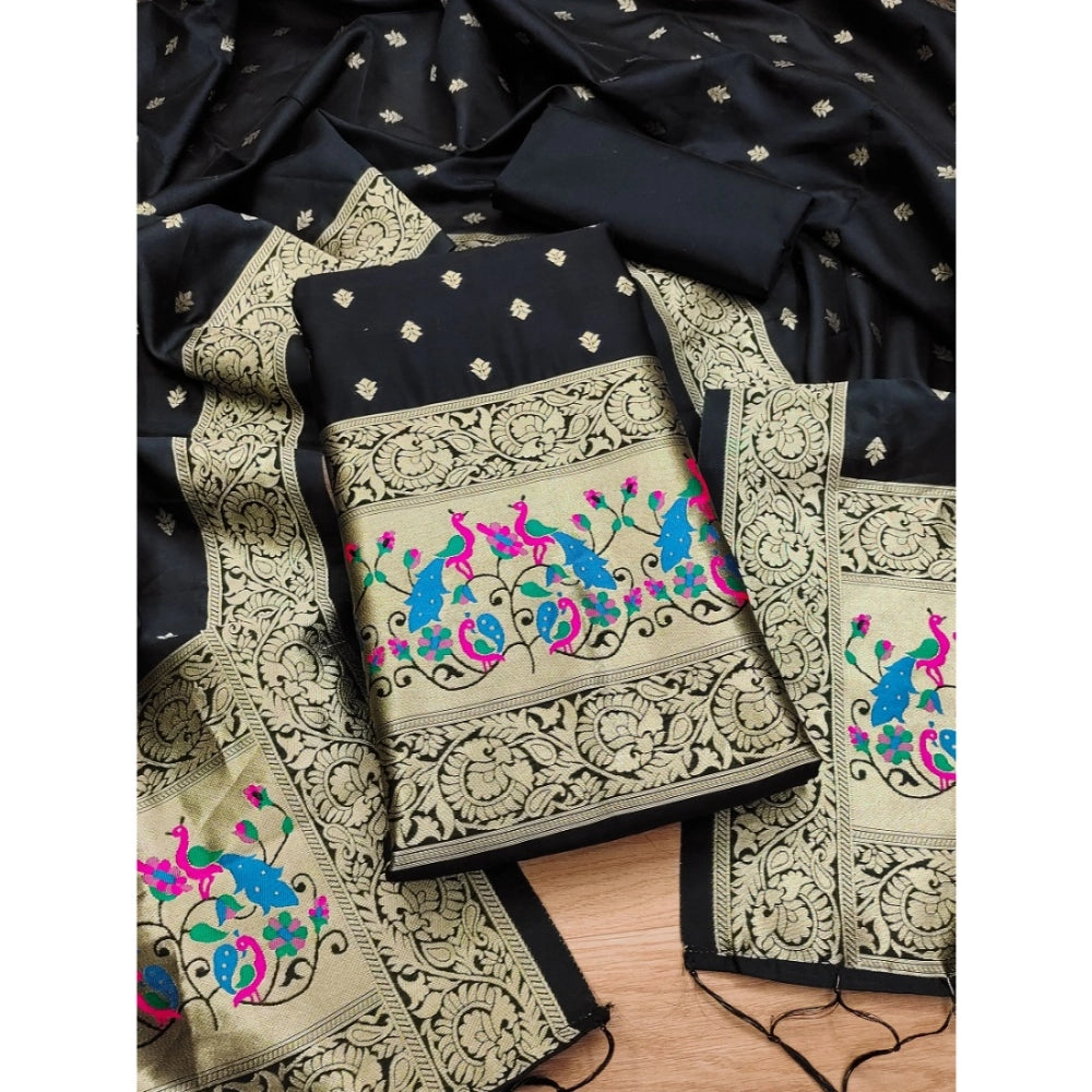 Women's Banarasi Silk Printed Unstitched Salwar Suit Material With Dupatta (Black, 3Mtrs) - VANSHELLE