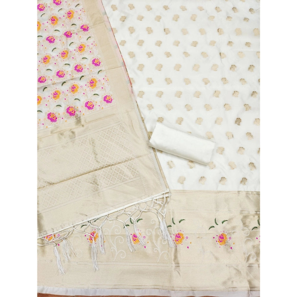 Women's Banarasi Silk Printed Unstitched Salwar Suit Material With Dupatta (White, 3Mtrs) - VANSHELLE