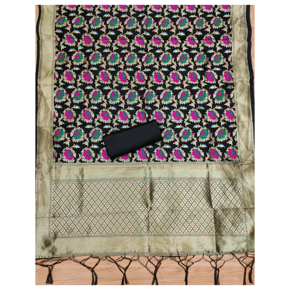 Women's Banarasi Silk Printed Unstitched Salwar Suit Material With Dupatta (Black, 3Mtrs) - VANSHELLE