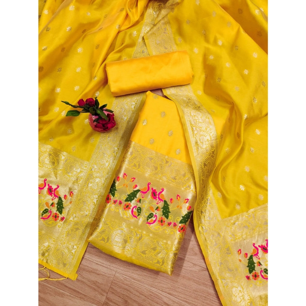 Women's Banarasi Silk Printed Unstitched Salwar Suit Material With Dupatta (Yellow, 3Mtrs) - VANSHELLE
