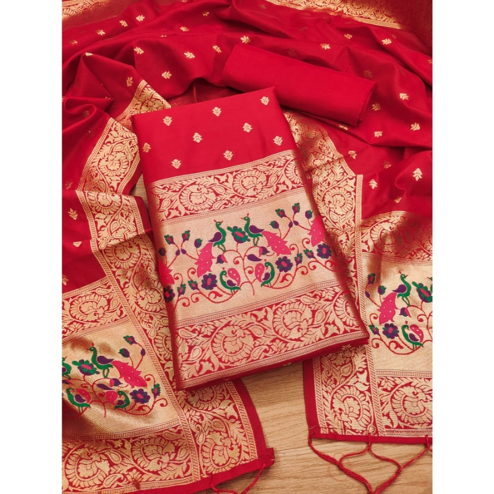 Women's Banarasi Silk Printed Unstitched Salwar Suit Material With Dupatta (Red, 3Mtrs) - VANSHELLE