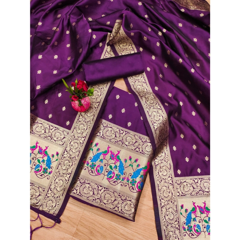 Women's Banarasi Silk Printed Unstitched Salwar Suit Material With Dupatta (Purple, 3Mtrs) - VANSHELLE