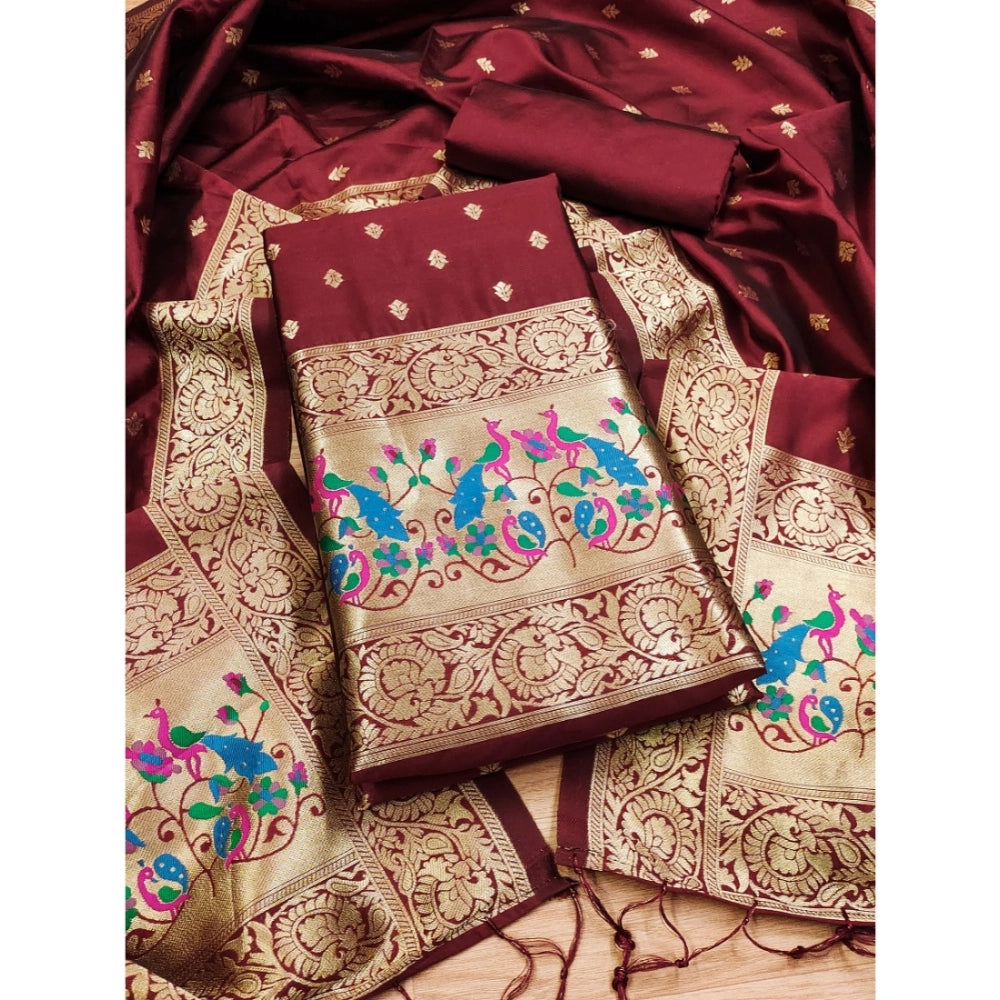 Women's Banarasi Silk Printed Unstitched Salwar Suit Material With Dupatta (Maroon, 3Mtrs) - VANSHELLE