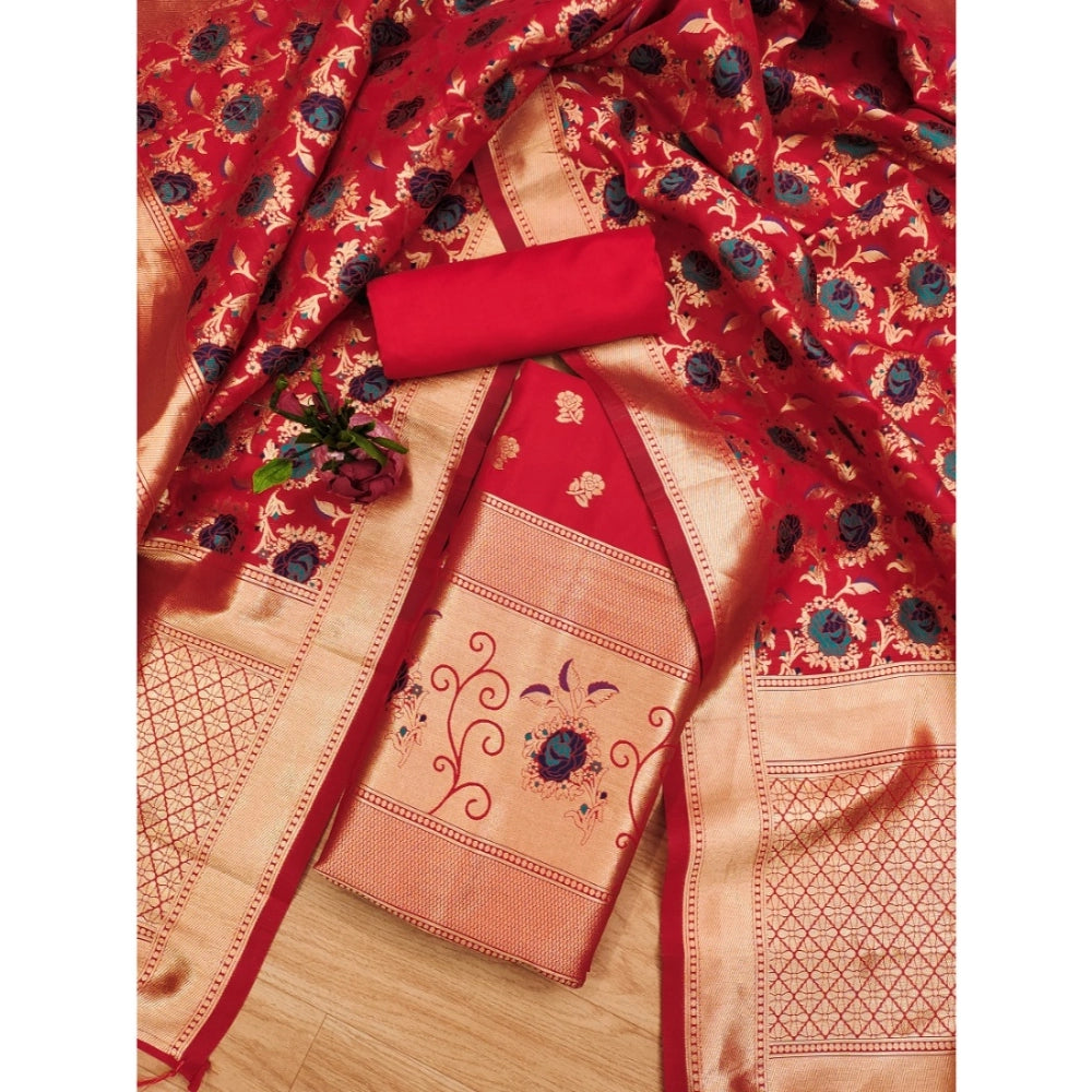 Women's Banarasi Silk Printed Unstitched Salwar Suit Material With Dupatta (Red, 3Mtrs) - VANSHELLE
