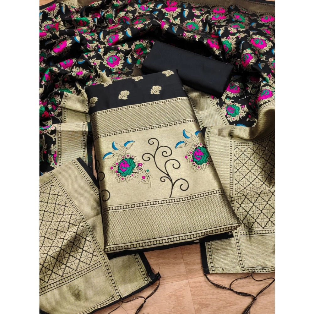 Women's Banarasi Silk Printed Unstitched Salwar Suit Material With Dupatta (Black, 3Mtrs) - VANSHELLE