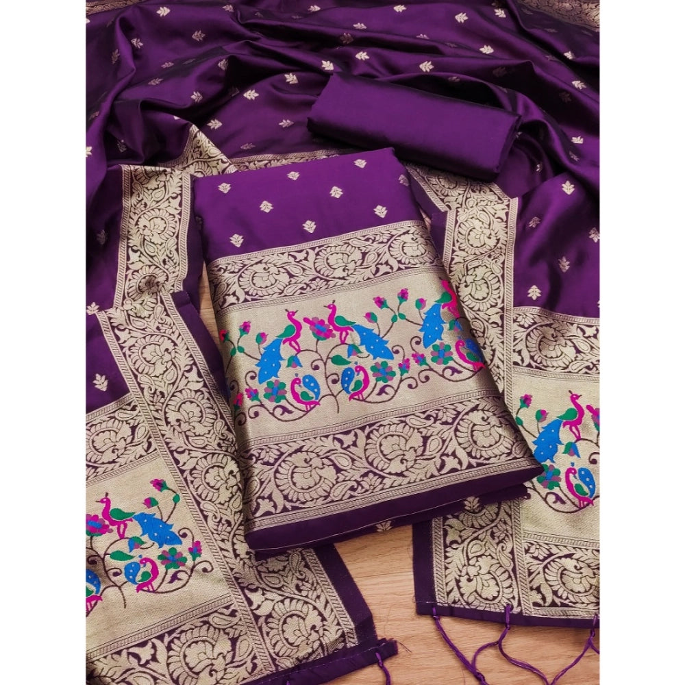 Women's Banarasi Silk Printed Unstitched Salwar Suit Material With Dupatta (Purple, 3Mtrs) - VANSHELLE