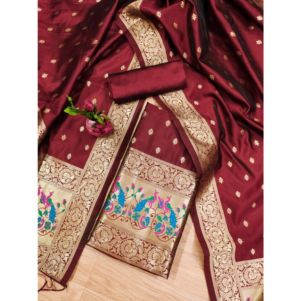 Women's Banarasi Silk Printed Unstitched Salwar Suit Material With Dupatta (Maroon, 3Mtrs) - VANSHELLE