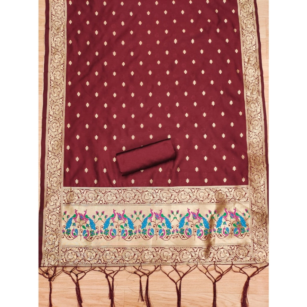 Women's Banarasi Silk Printed Unstitched Salwar Suit Material With Dupatta (Maroon, 3Mtrs) - VANSHELLE
