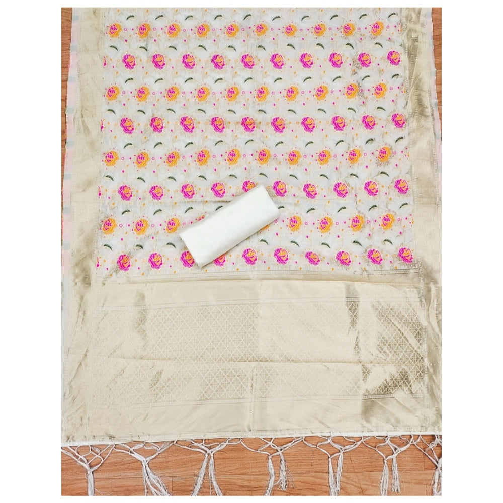 Women's Banarasi Silk Printed Unstitched Salwar Suit Material With Dupatta (White, 3Mtrs) - VANSHELLE