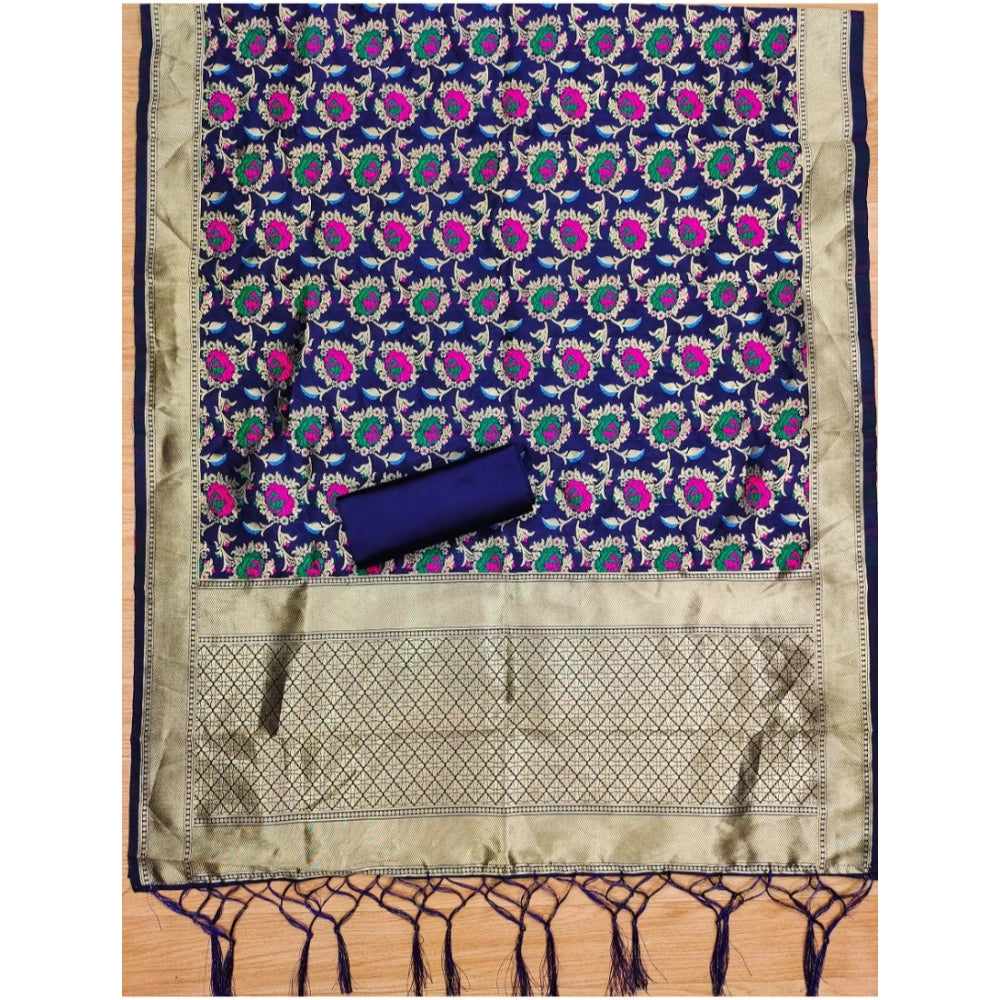 Women's Banarasi Silk Printed Unstitched Salwar Suit Material With Dupatta (Navy Blue, 3Mtrs) - VANSHELLE