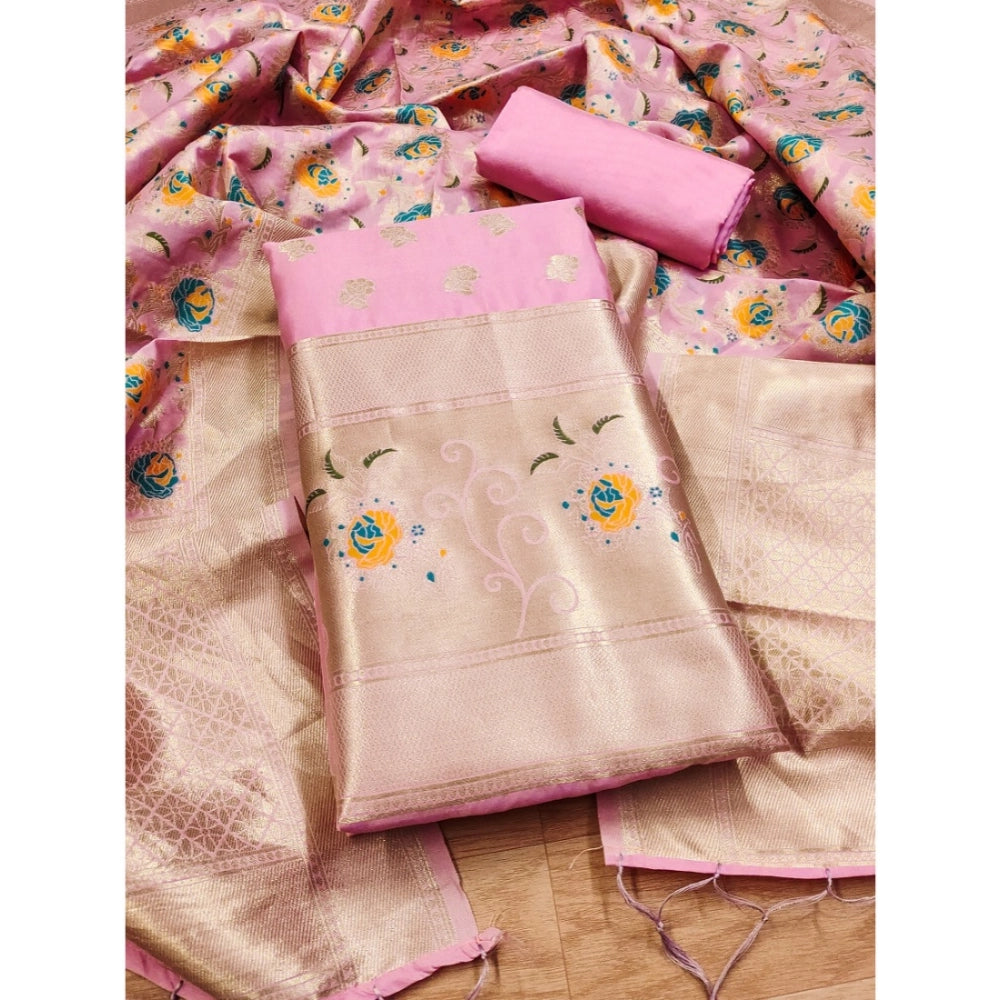 Women's Banarasi Silk Printed Unstitched Salwar Suit Material With Dupatta (Pink, 3Mtrs) - VANSHELLE
