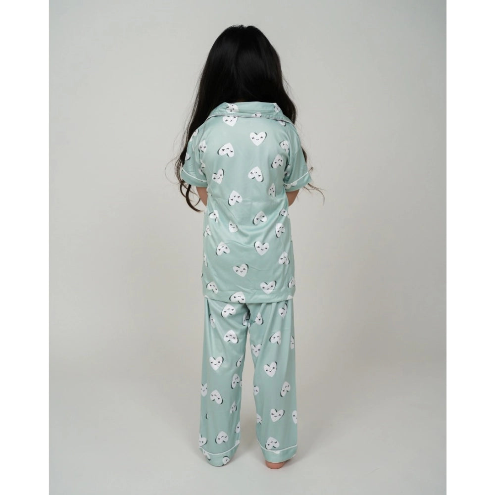 Girl'S Silk Bleand Printed Short Sleeve Night Suit Set (Light