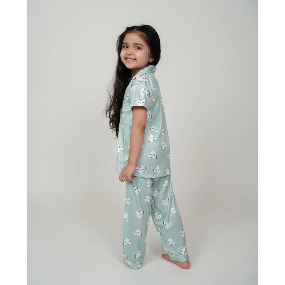 Girl'S Silk Bleand Printed Short Sleeve Night Suit Set (Light