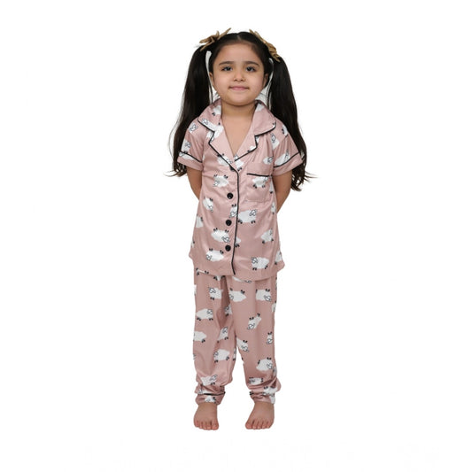 Girl'S Silk Bleand Printed Short Sleeve Night Suit Set (Brown)