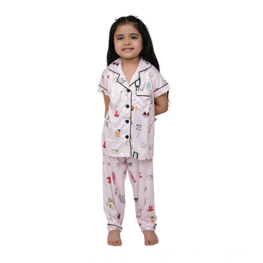 Girl'S Silk Bleand Printed Short Sleeve Night Suit Set (Creem)