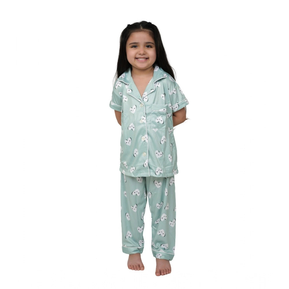 Girl'S Silk Bleand Printed Short Sleeve Night Suit Set (Light