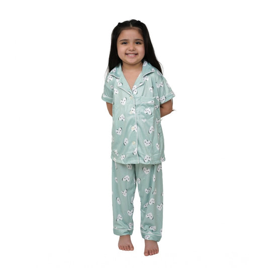 Girl'S Silk Bleand Printed Short Sleeve Night Suit Set (Light