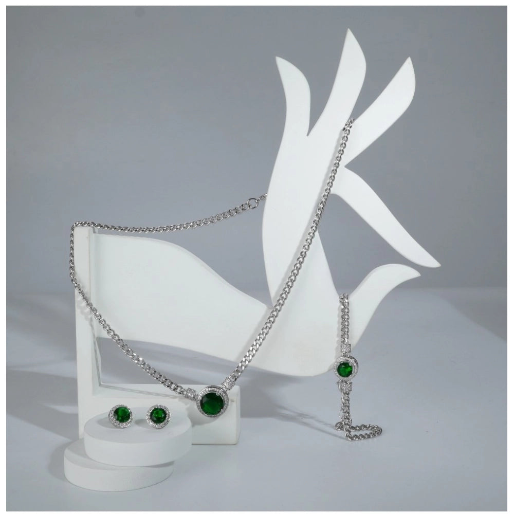 Women'S Stainless Steel Green Color Silver Chain Western Combo