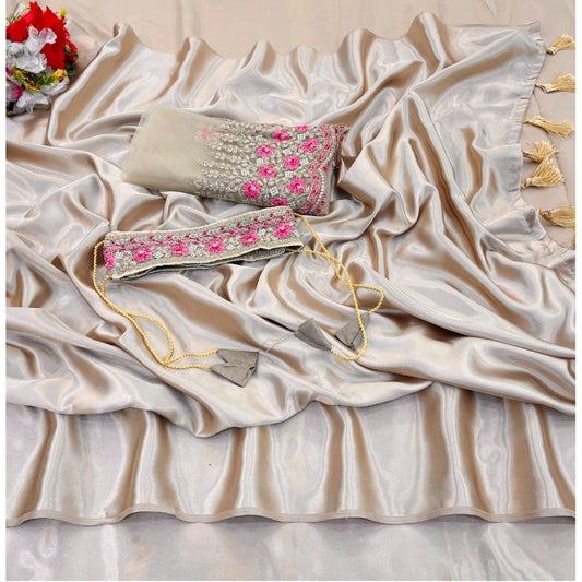 Women'S Satin Solid Saree With Unstitched Blouse (Beige, 5-5 M