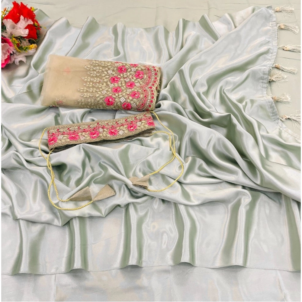 Women'S Satin Solid Saree With Unstitched Blouse (Offwhite, 5
