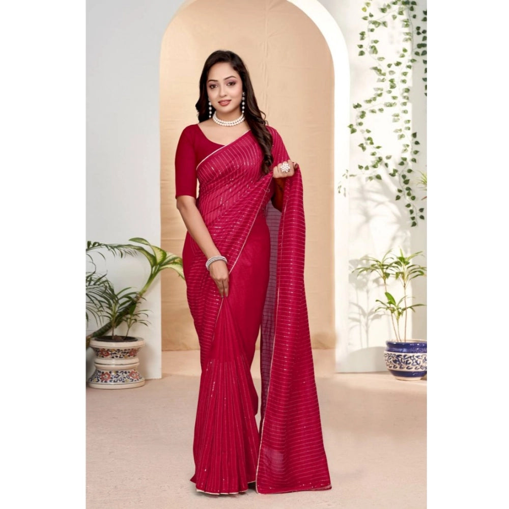 Women'S Vichitra Silk Striped Saree With Unstitched Blouse 5.5