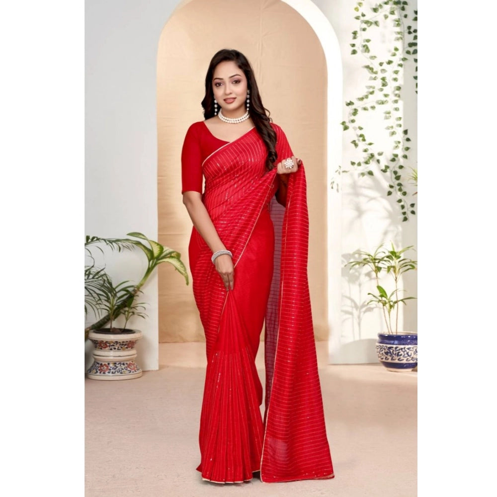 Women'S Vichitra Silk Striped Saree With Unstitched Blouse 5.5