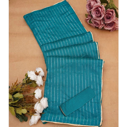 Women's Vichitra Silk Striped Saree With Unstitched Blouse 5.5Mtr (Sky Blue)