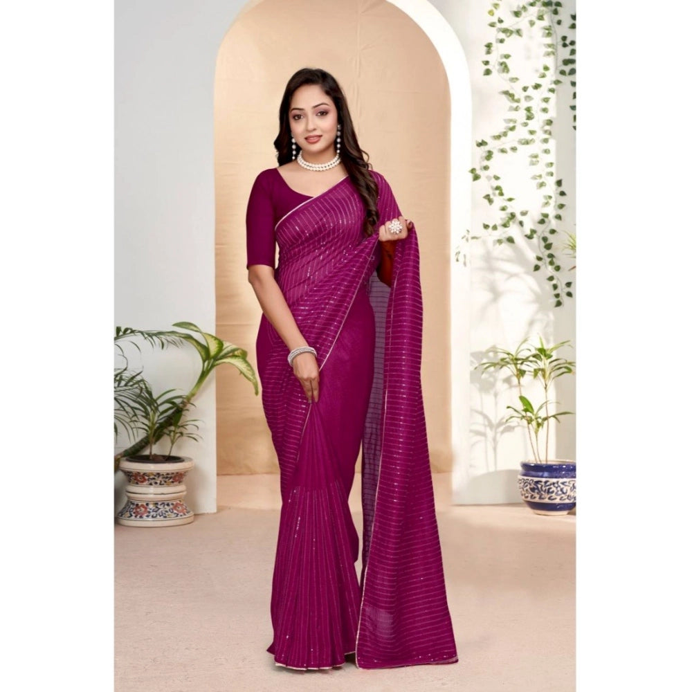 Women'S Vichitra Silk Striped Saree With Unstitched Blouse 5.5