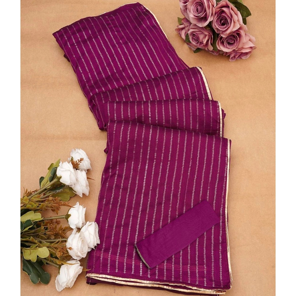 Women'S Vichitra Silk Striped Saree With Unstitched Blouse 5.5