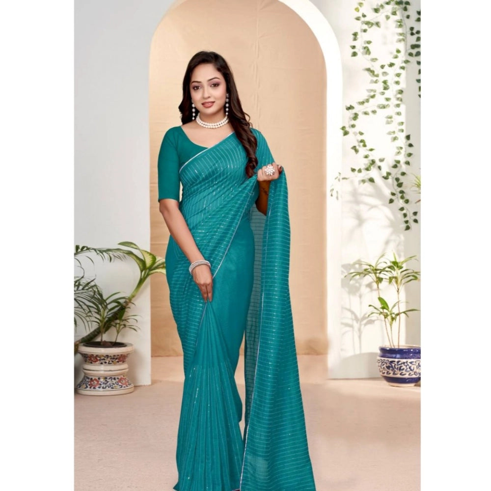 Women'S Vichitra Silk Striped Saree With Unstitched Blouse 5.5
