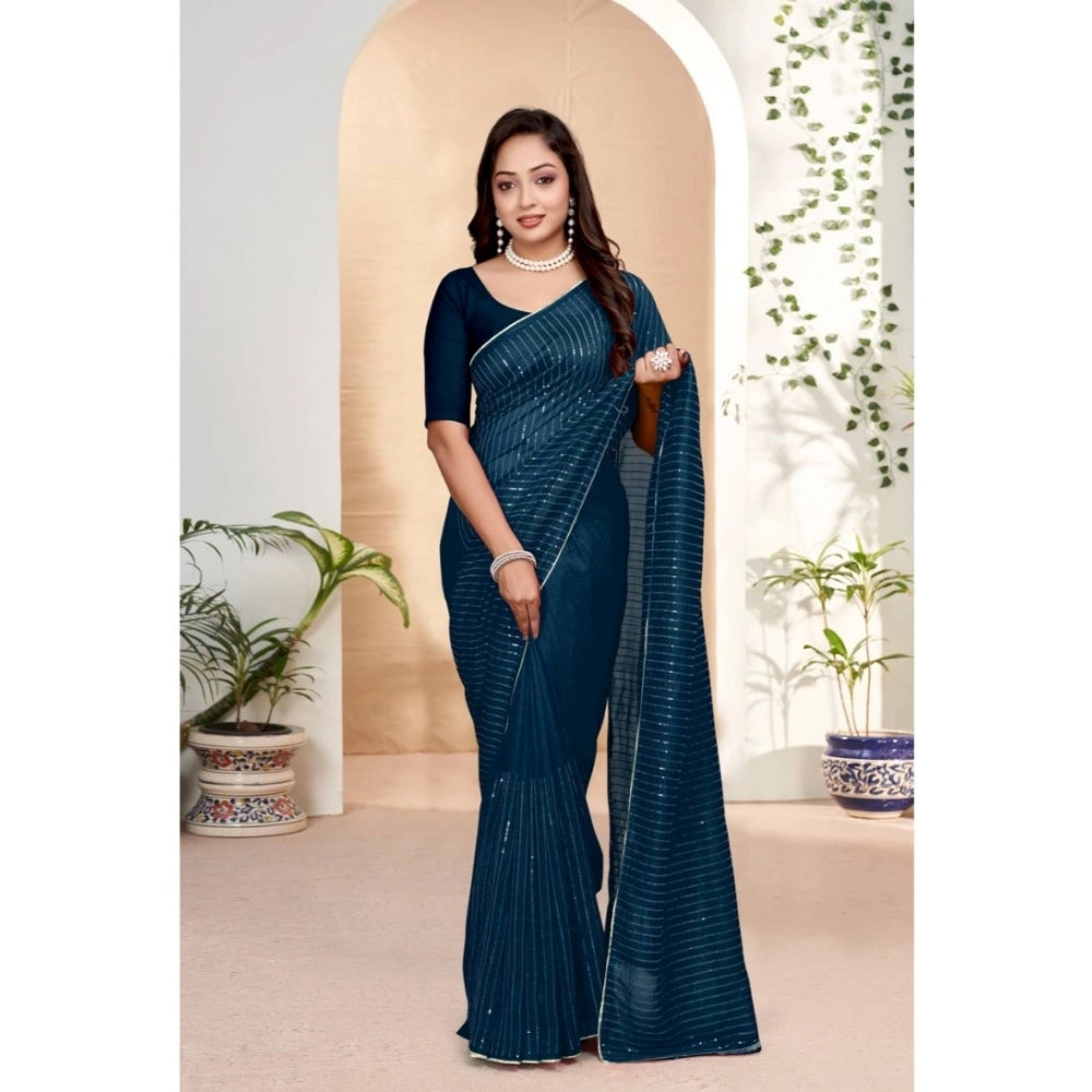 Women'S Vichitra Silk Striped Saree With Unstitched Blouse 5.5