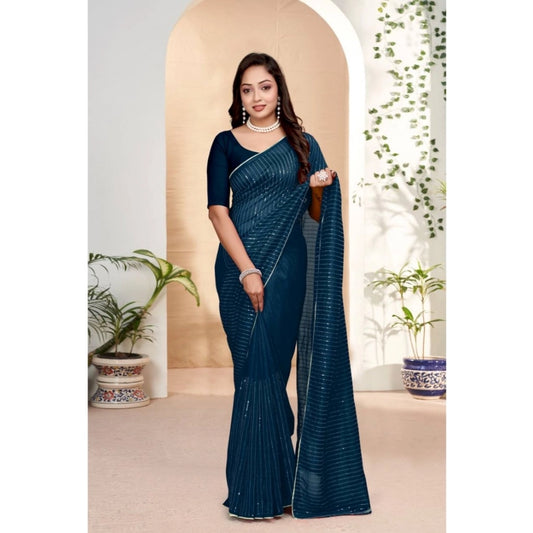 Women'S Vichitra Silk Striped Saree With Unstitched Blouse 5.5