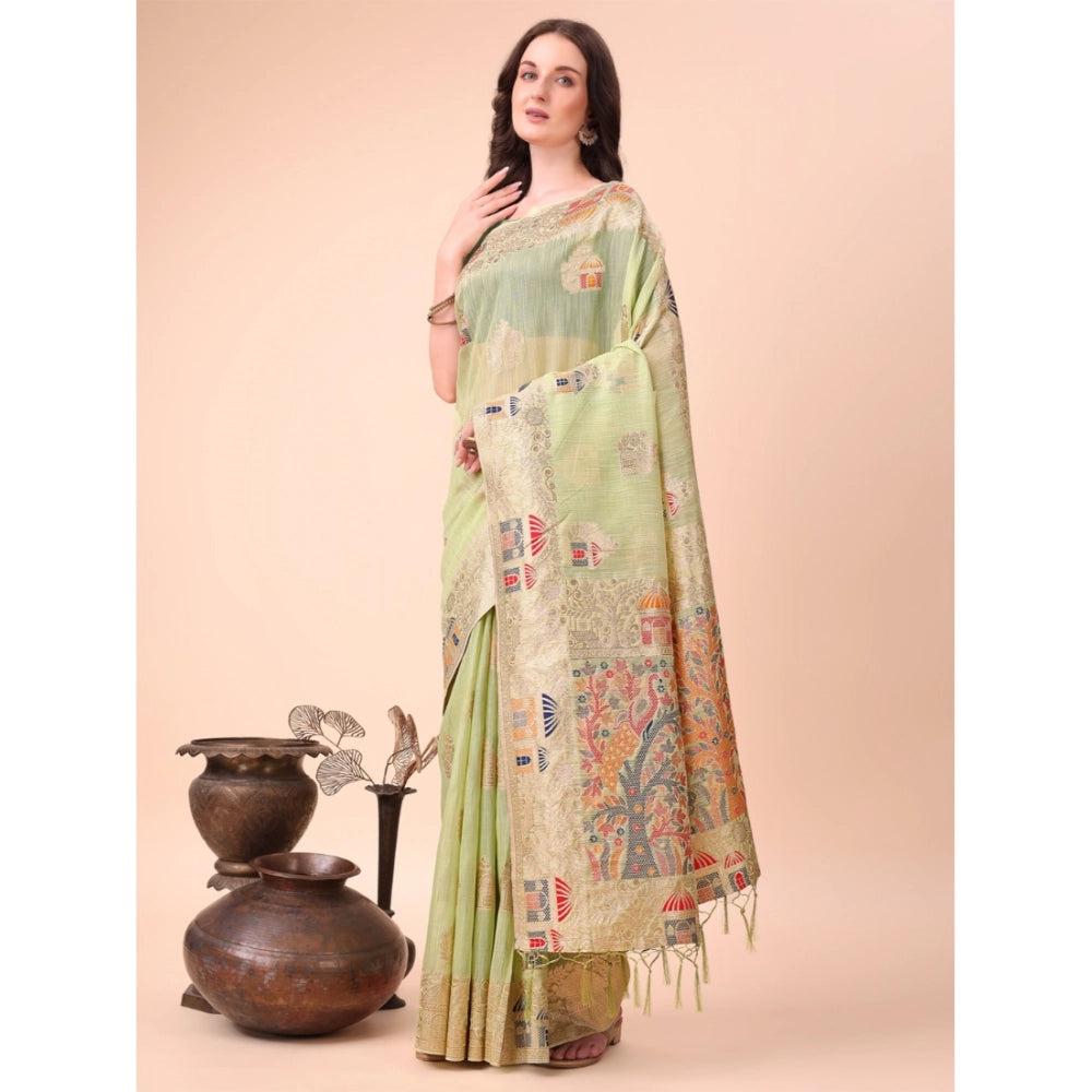 Women's Linen Cotton Printed Saree With Unstitched Blouse 5.5Mtr (Light Green) - VANSHELLE