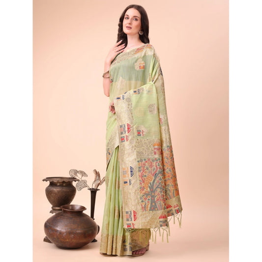 Women's Linen Cotton Printed Saree With Unstitched Blouse 5.5Mtr (Light Green) - VANSHELLE