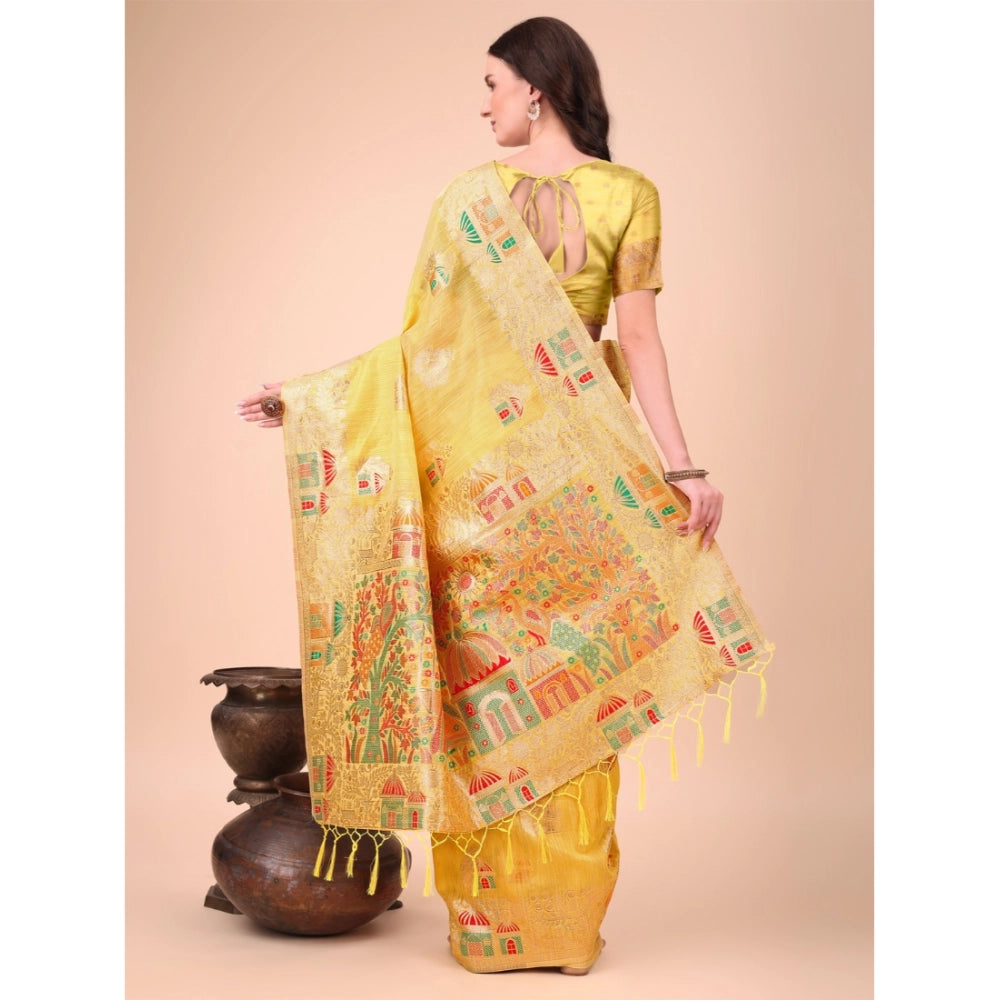 Women's Linen Cotton Printed Saree With Unstitched Blouse 5.5Mtr (Yellow) - VANSHELLE