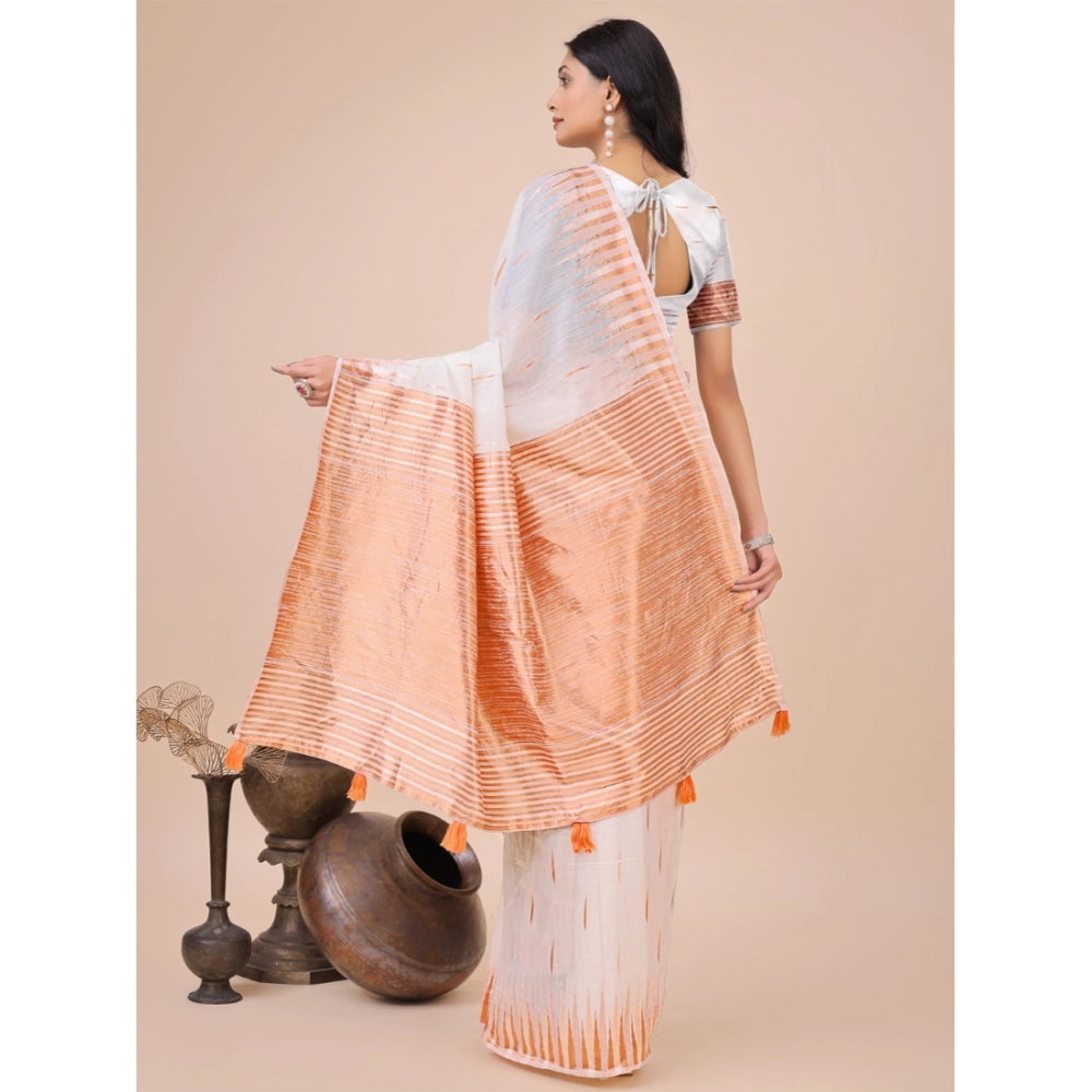 Women's Linen Cotton Printed Saree With Unstitched Blouse 5.5Mtr (White) - VANSHELLE