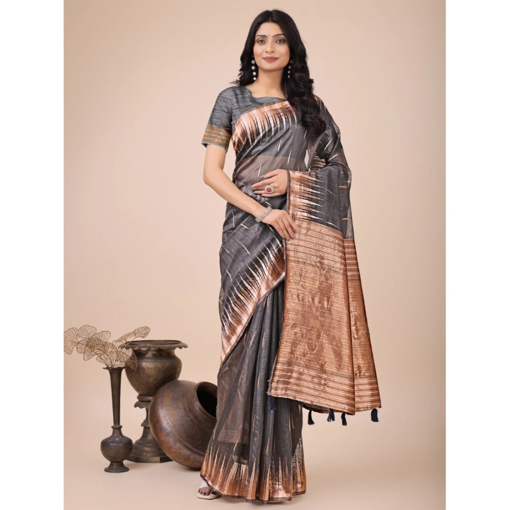 Women's Linen Cotton Printed Saree With Unstitched Blouse 5.5Mtr (Grey) - VANSHELLE