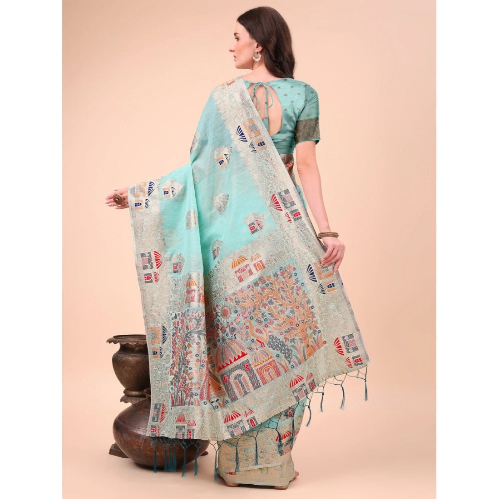 Women's Linen Cotton Printed Saree With Unstitched Blouse 5.5Mtr (Sky Blue) - VANSHELLE