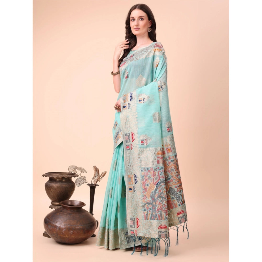 Women's Linen Cotton Printed Saree With Unstitched Blouse 5.5Mtr (Sky Blue) - VANSHELLE