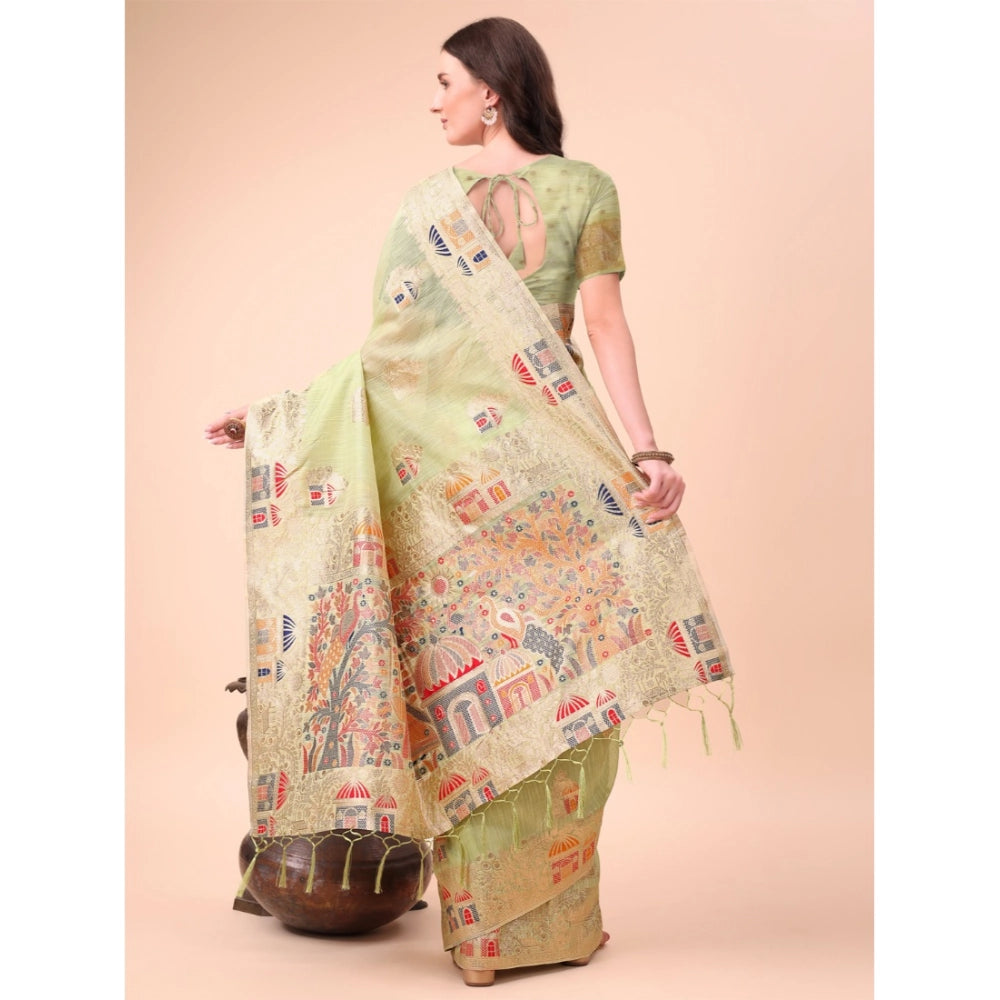 Women's Linen Cotton Printed Saree With Unstitched Blouse 5.5Mtr (Light Green) - VANSHELLE