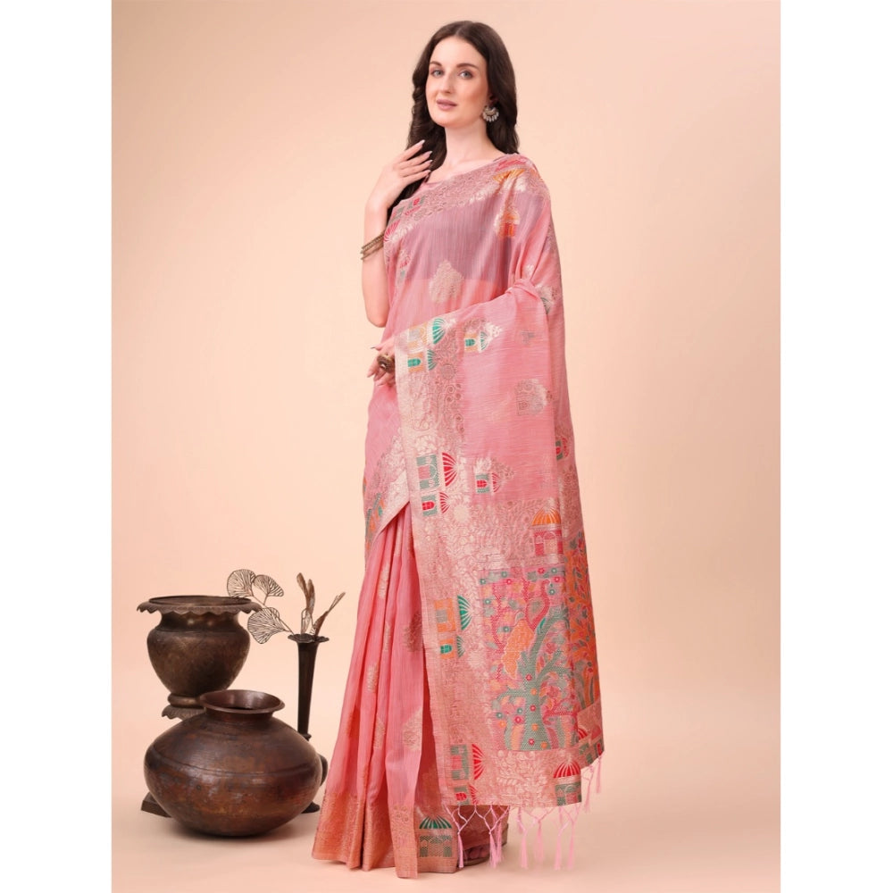 Women's Linen Cotton Printed Saree With Unstitched Blouse 5.5Mtr (Pink) - VANSHELLE