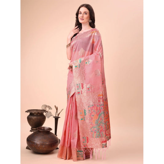 Women's Linen Cotton Printed Saree With Unstitched Blouse 5.5Mtr (Pink) - VANSHELLE