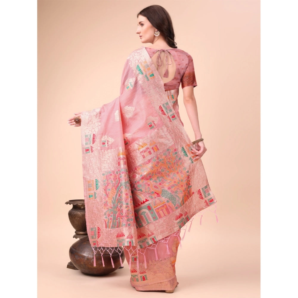 Women's Linen Cotton Printed Saree With Unstitched Blouse 5.5Mtr (Pink) - VANSHELLE