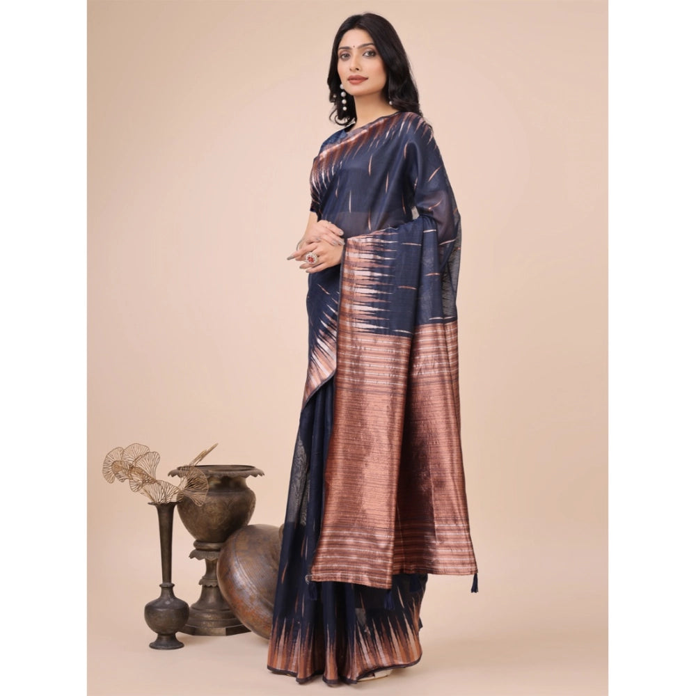Women'S Linen Cotton Printed Saree With Unstitched Blouse 5.5M